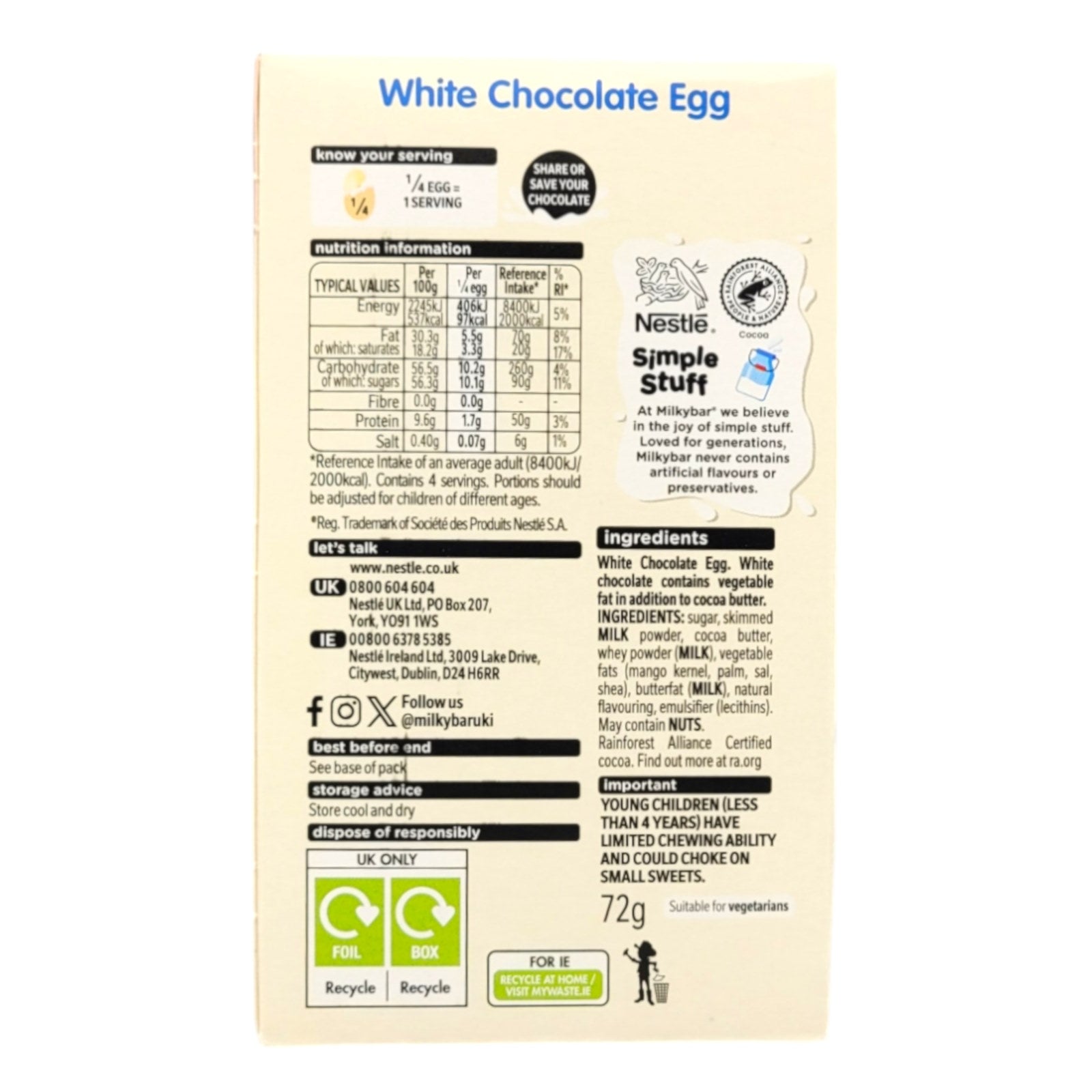 Nestle Milkybar Egg Small 72g ingredients